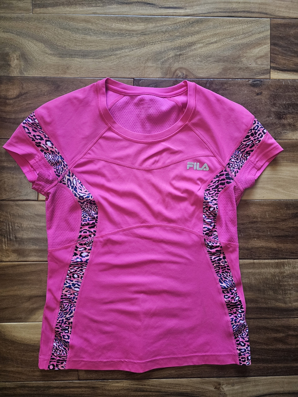 FILA Pink Athletic Tee with Leopard Trim Size S